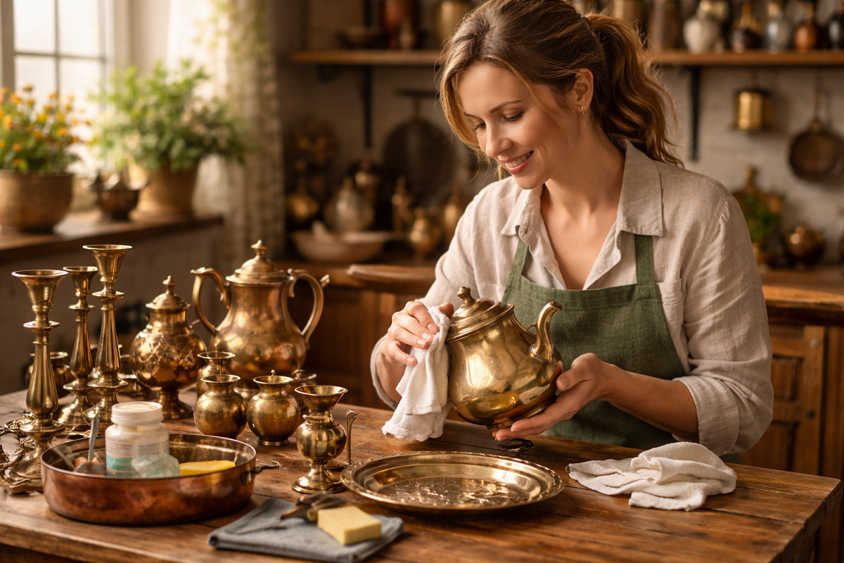 Donna che lucida una teiera in ottone